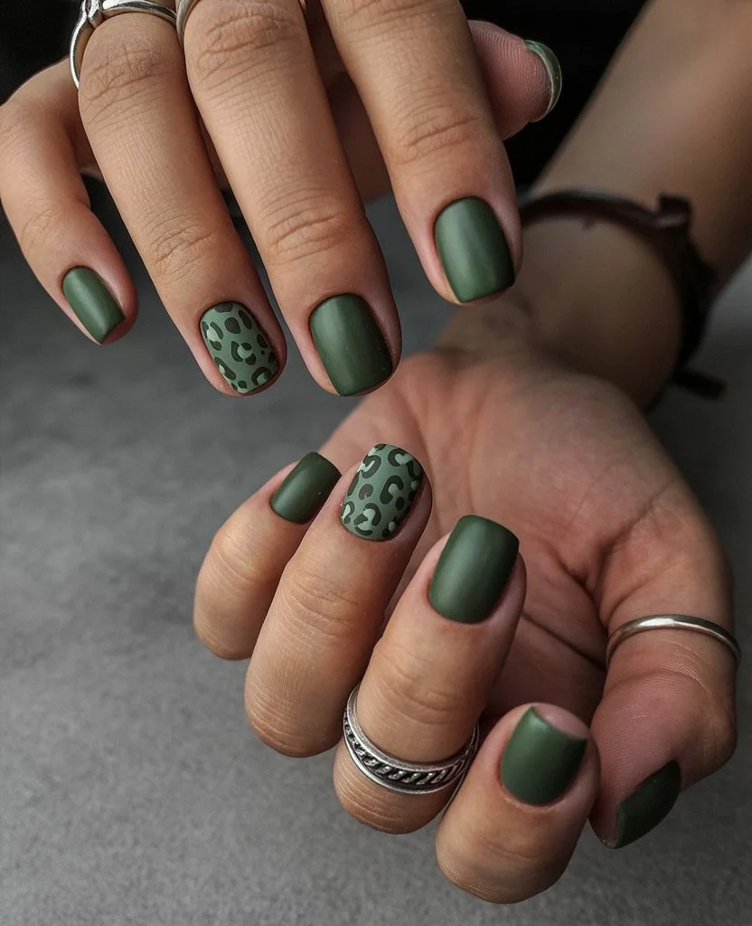 june nails 2026 Olive Matte Leopard Accent Nails
