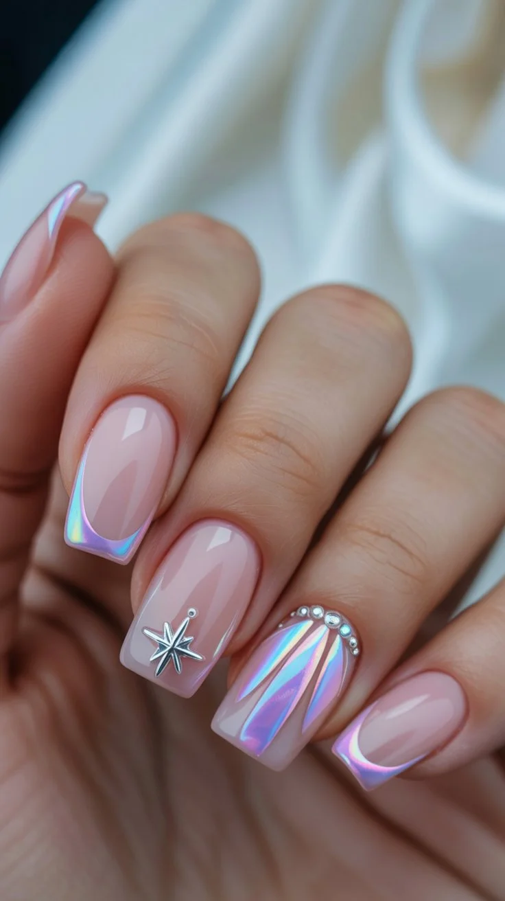 june nails 2026 Holographic Chrome French Glam Nails