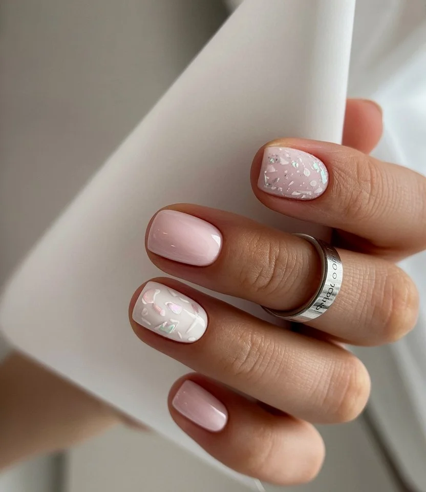 june nails 2026 Delicate Pink Terrazzo Nails
