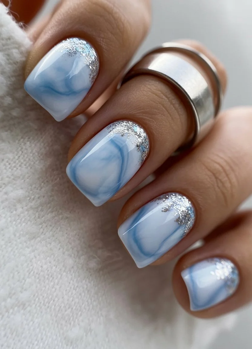 june nails 2026 Cloudy Blue Marble Square Nails