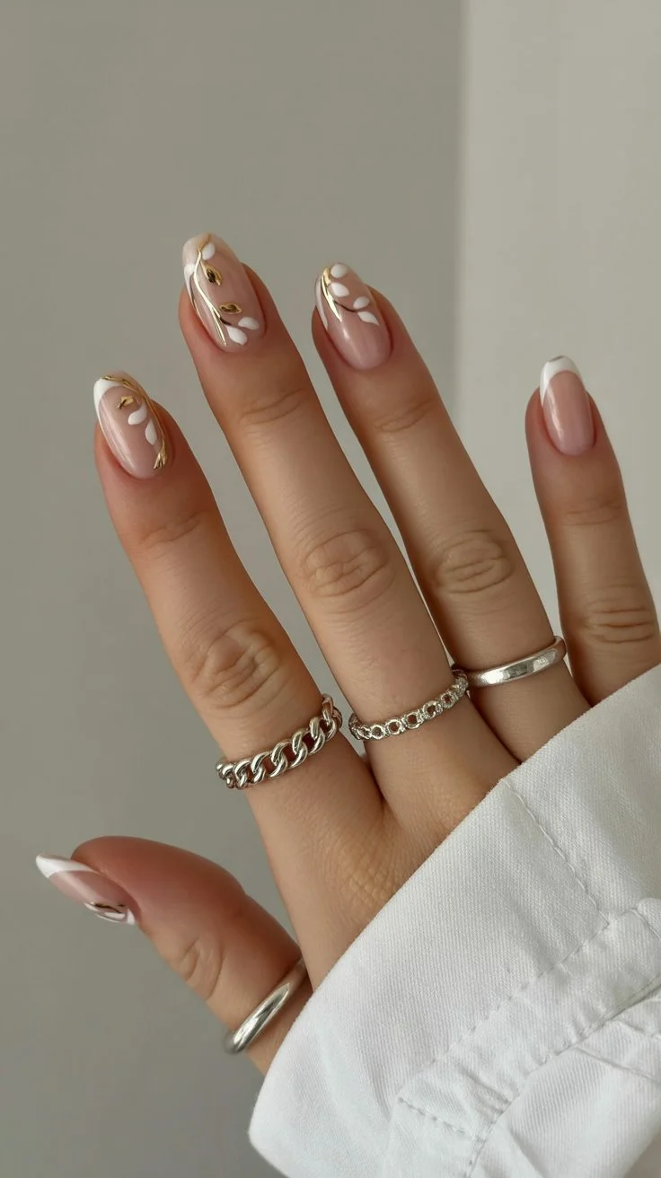june nails 2026 Gold Leaf French Almond Nails