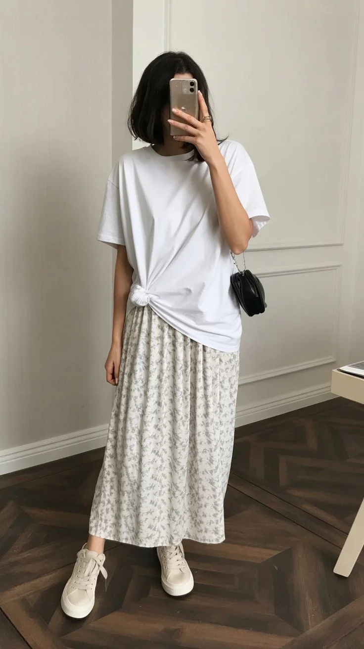 june outfits best ideas for summer 2026 Minimal White T Shirts With Soft Printed Skirts
