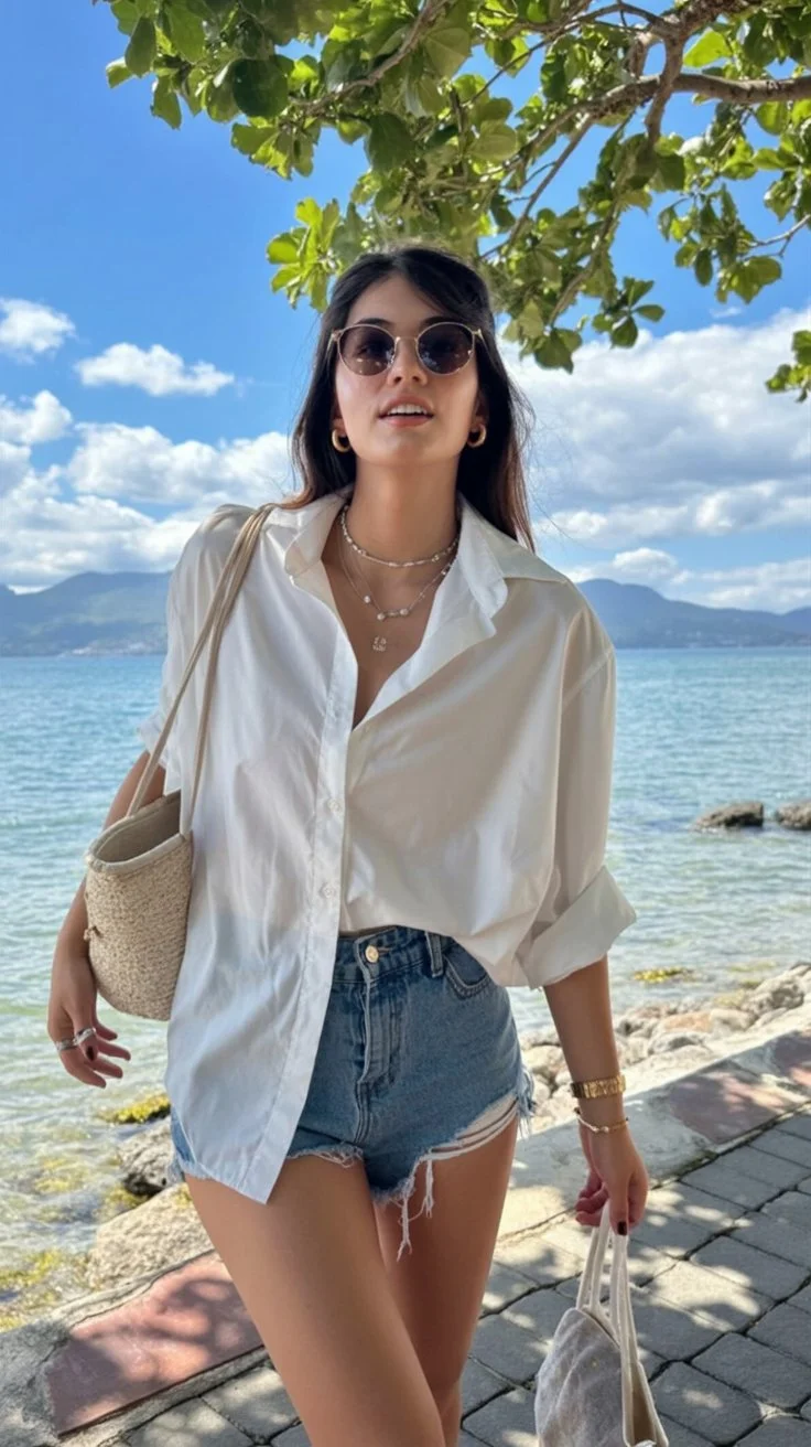 june outfits best ideas for summer 2026 Oversized White Shirts And Denim Cutoffs By The Water