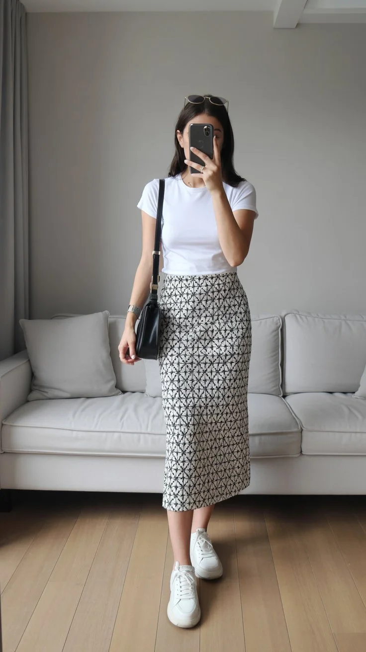june outfits best ideas for summer 2026 Printed Midi Skirts With Clean White Basics