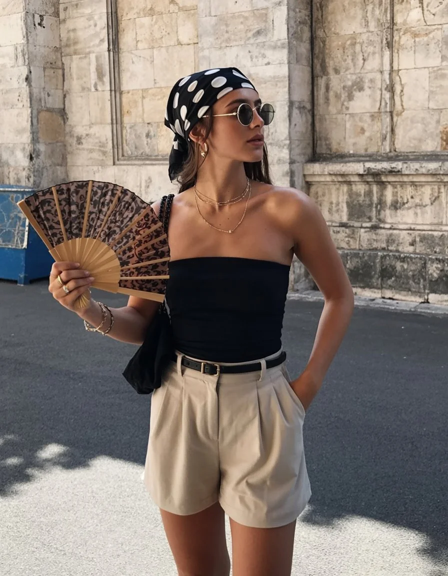 june outfits best ideas for summer 2026 Chic Headscarves And Tailored Shorts For Hot City Days