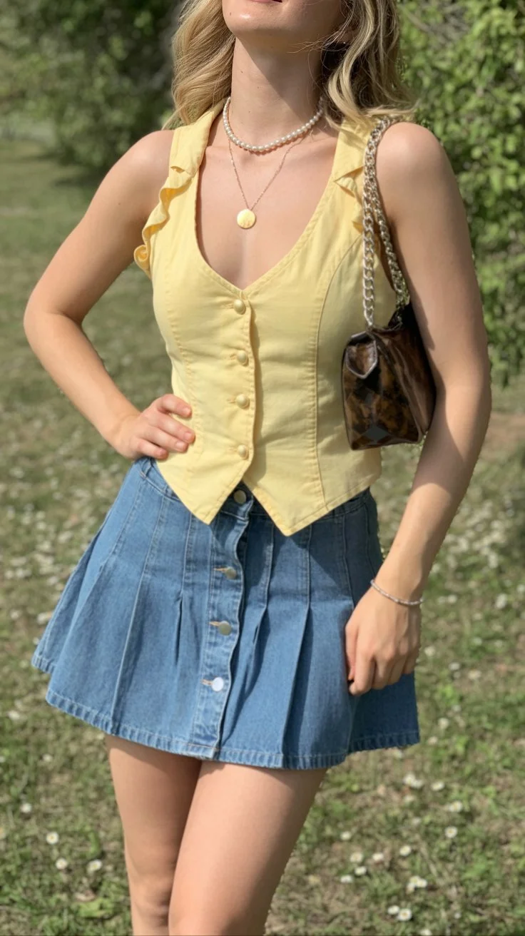 june outfits best ideas for summer 2026 Soft Yellow Tops And Denim Mini Skirts For Sweet Summer Styling