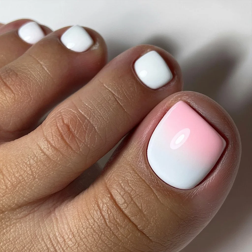 June pedicure summer ideas 2026 Soft White Ombre Toes With Barely Pink Glow