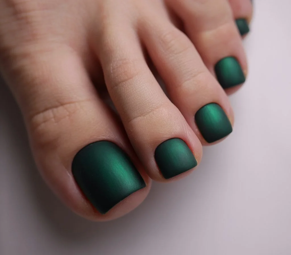 June pedicure summer ideas 2026 Matte Emerald Green Toes With Moody Summer Energy