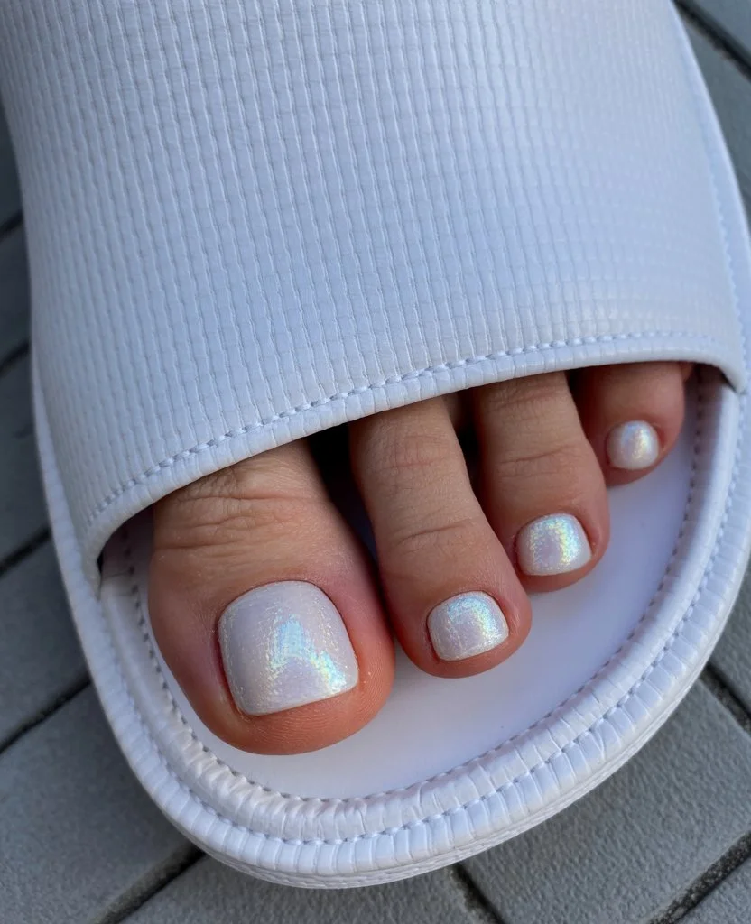June pedicure summer ideas 2026 Pearl White Chrome Pedicure For Clean Summer Glam