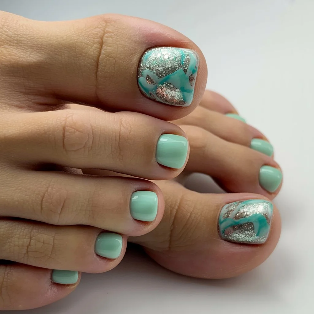 June pedicure summer ideas 2026 Mint Marble Pedicure With Silver Ocean Shine