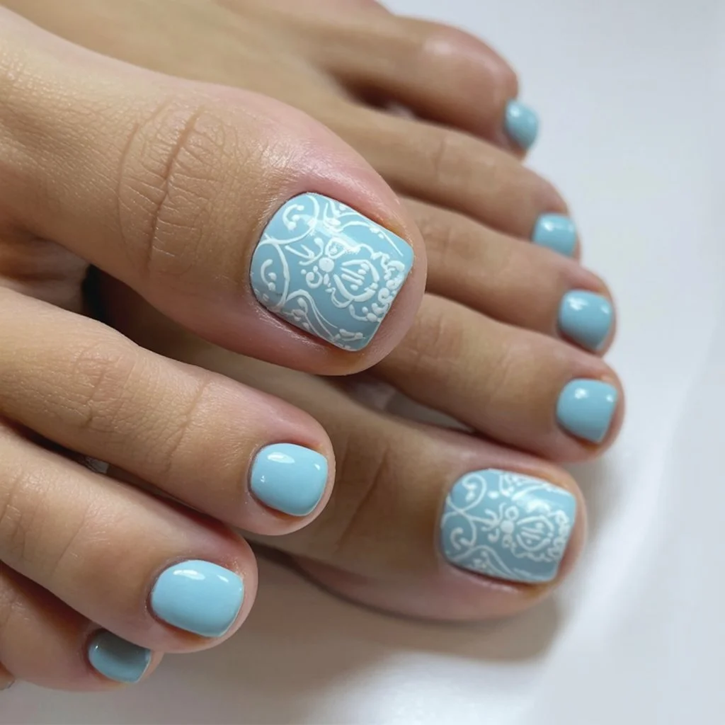 June pedicure summer ideas 2026 Powder Blue Pedicure With Delicate Lace Art