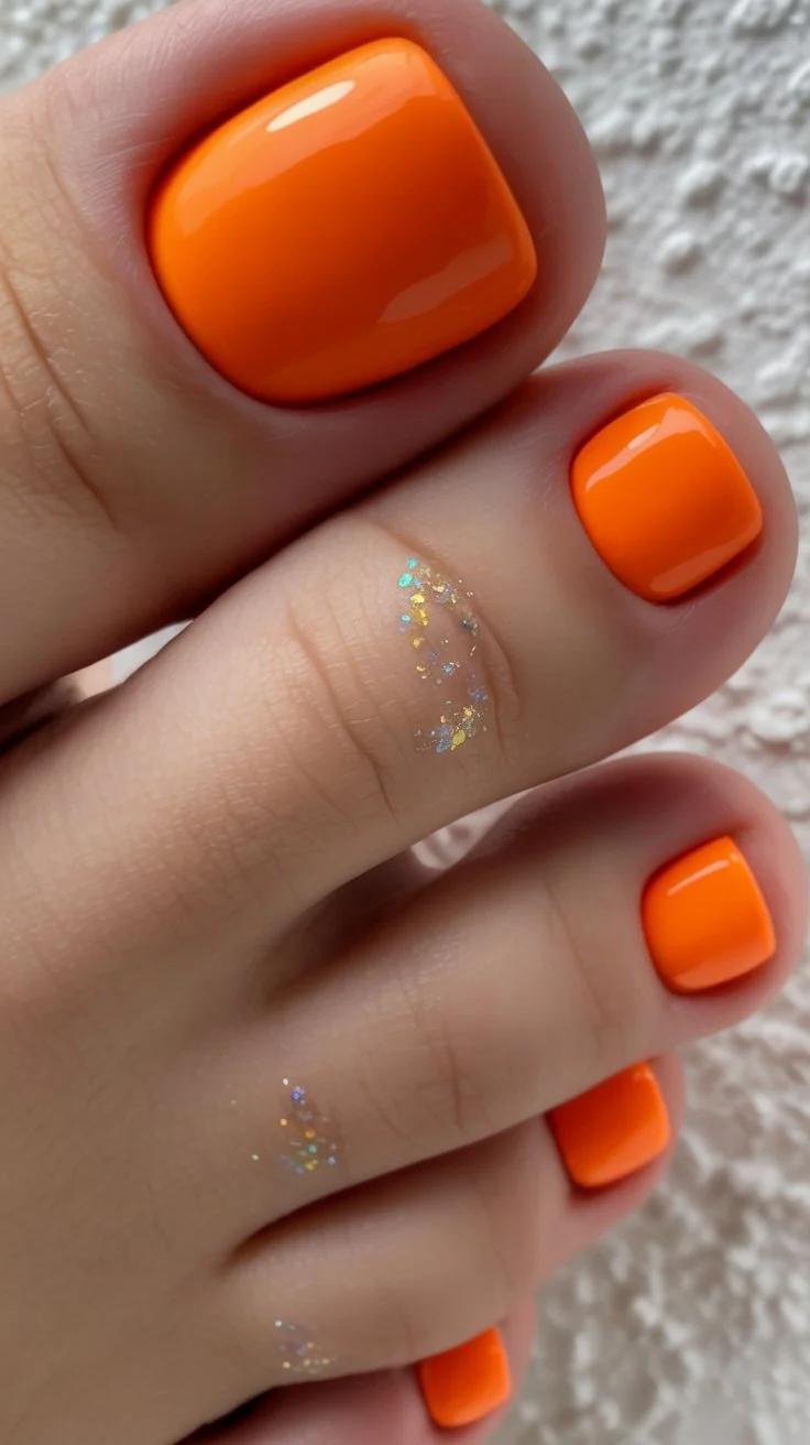June pedicure summer ideas 2026 Bright Orange Pedicure With Tropical Heat