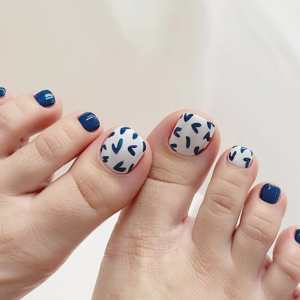 June pedicure summer ideas 2026 Navy And White Heart Prints With Coastal Charm