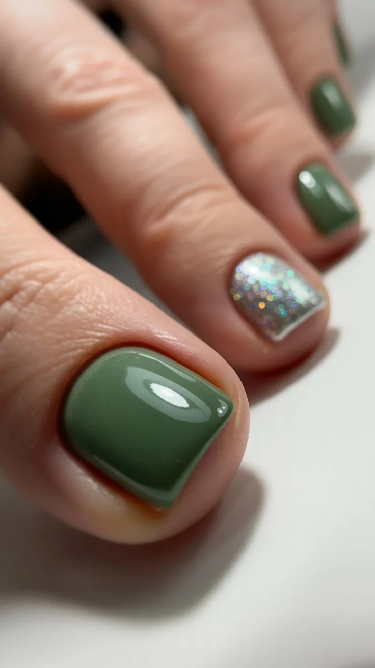 June pedicure summer ideas 2026 Olive Green Pedicure With Silver Sparkle Accent