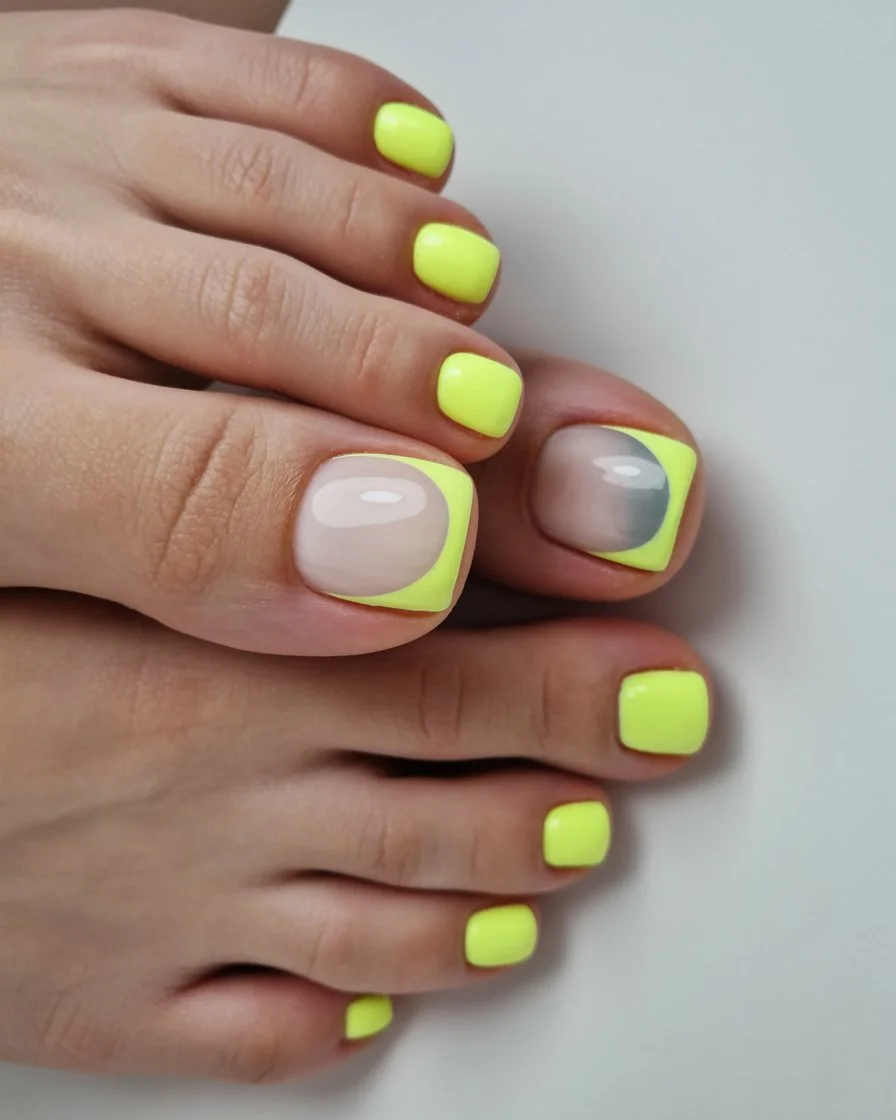 June toe nails ideas - summer ideas 2026 Neon Lime French Pedicure With Futuristic Summer Vibes