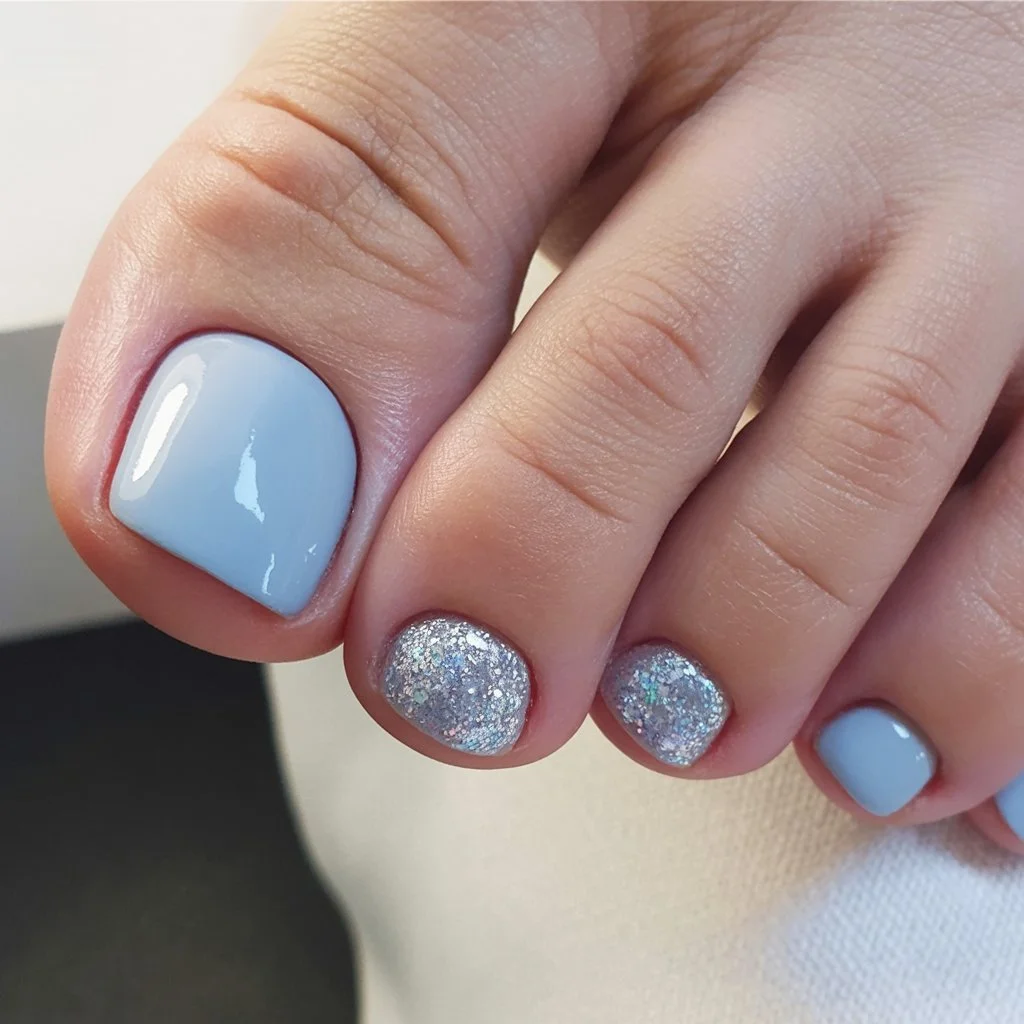 June toe nails ideas - summer ideas 2026 Ice Blue Glitter Toenails For Cool Girl Summer Energy