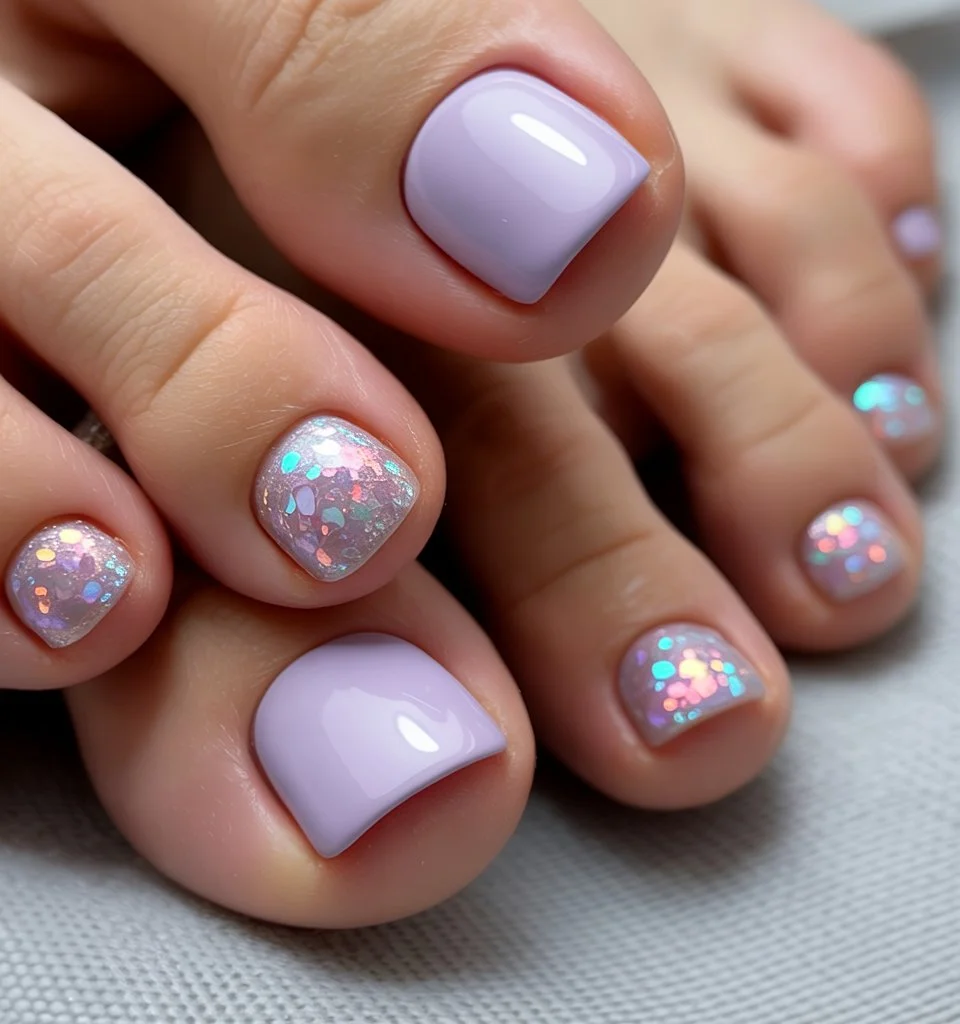 June toe nails ideas - summer ideas 2026 Lavender Confetti Pedicure With Soft Holographic Shine