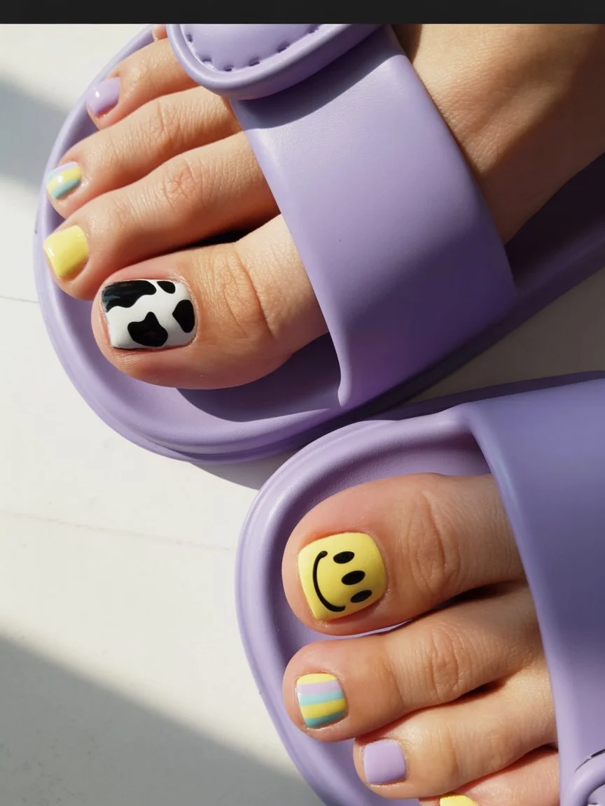 June toe nails ideas - summer ideas 2026 Playful Mixed Print Toenails For A Fun June Mood
