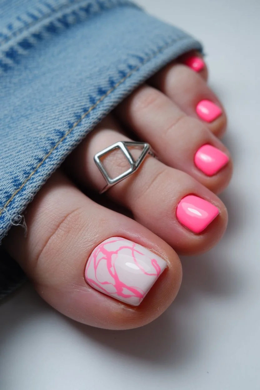 June toe nails ideas - summer ideas 2026 Hot Pink Toenails With Abstract Minimal Nail Art