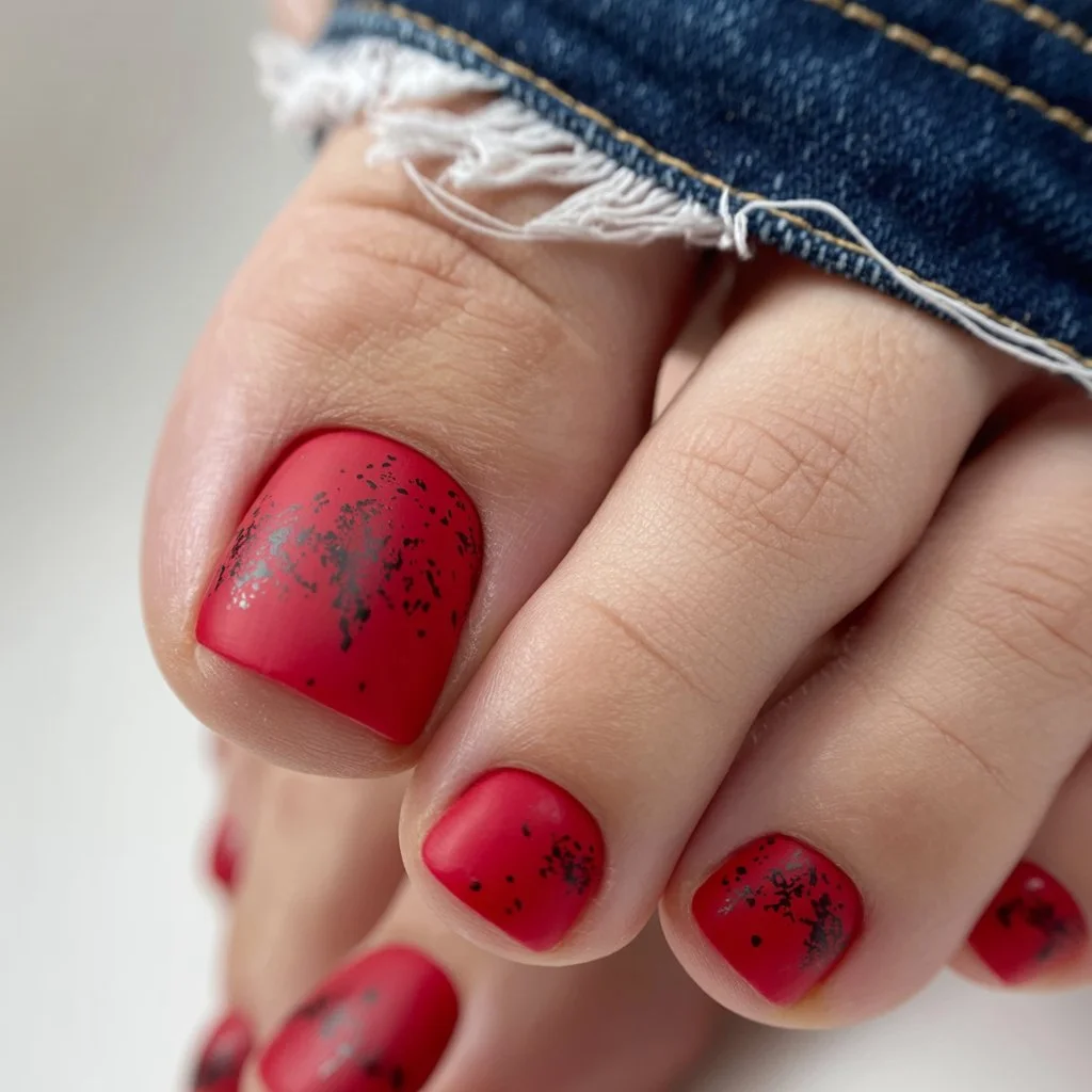 June toe nails ideas - summer ideas 2026 Matte Red Toenails With Dark Speckled Details