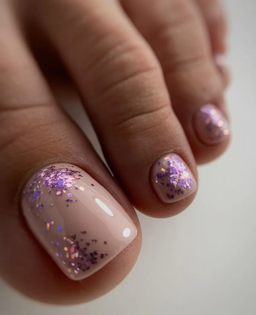 June toe nails ideas - summer ideas 2026 Soft Lavender Glitter Pedicure With Romantic Summer Energy