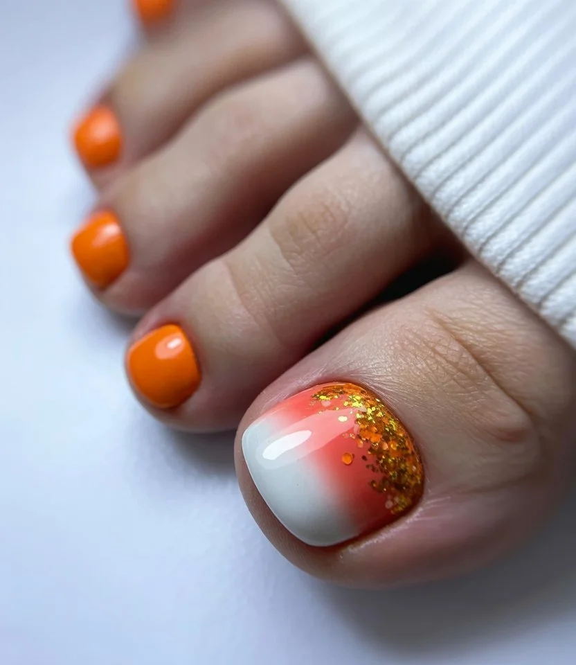 June toe nails ideas - summer ideas 2026 Orange Ombre Toenails With Golden Summer Sparkle