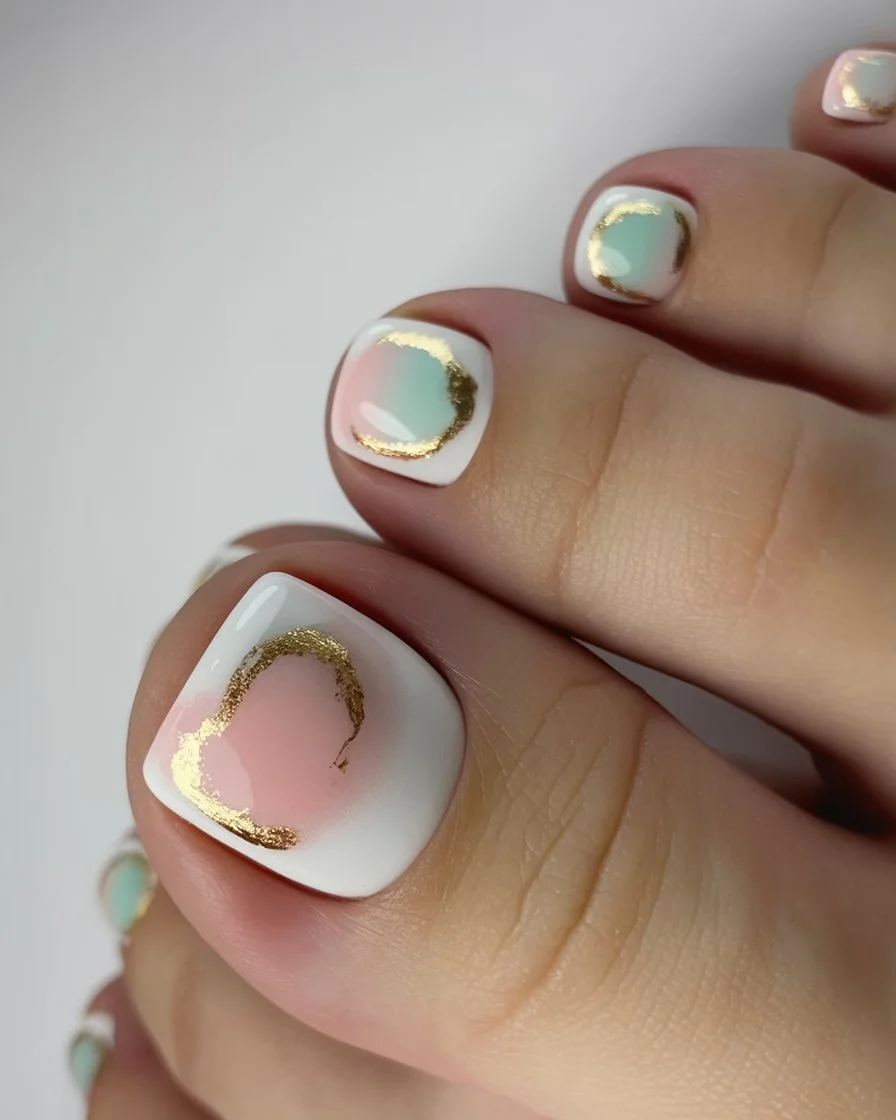 June toe nails ideas - summer ideas 2026 Pastel Abstract Toenails With Delicate Gold Accents