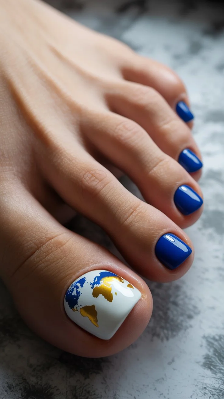 June toe nails ideas - summer ideas 2026 Ocean Blue Toenails With Travel Inspired Nail Art