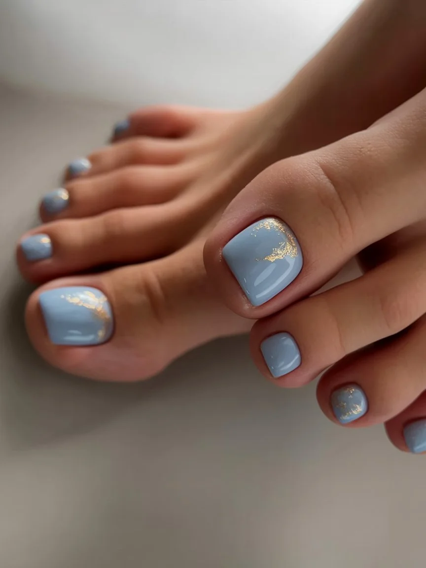 June toe nails ideas - summer ideas 2026 Powder Blue Pedicure With Gold Foil Details
