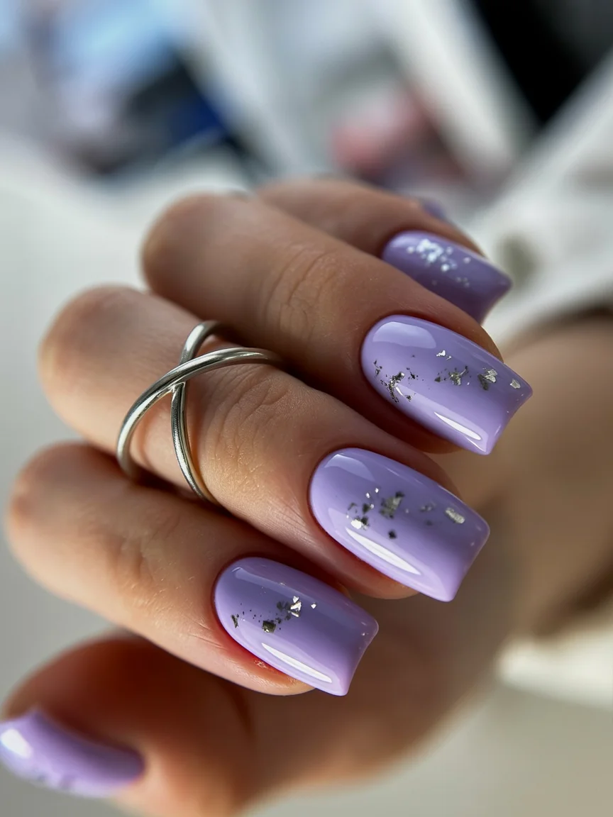light summer nails 2026 Lavender Glow With Silver Foil Accents