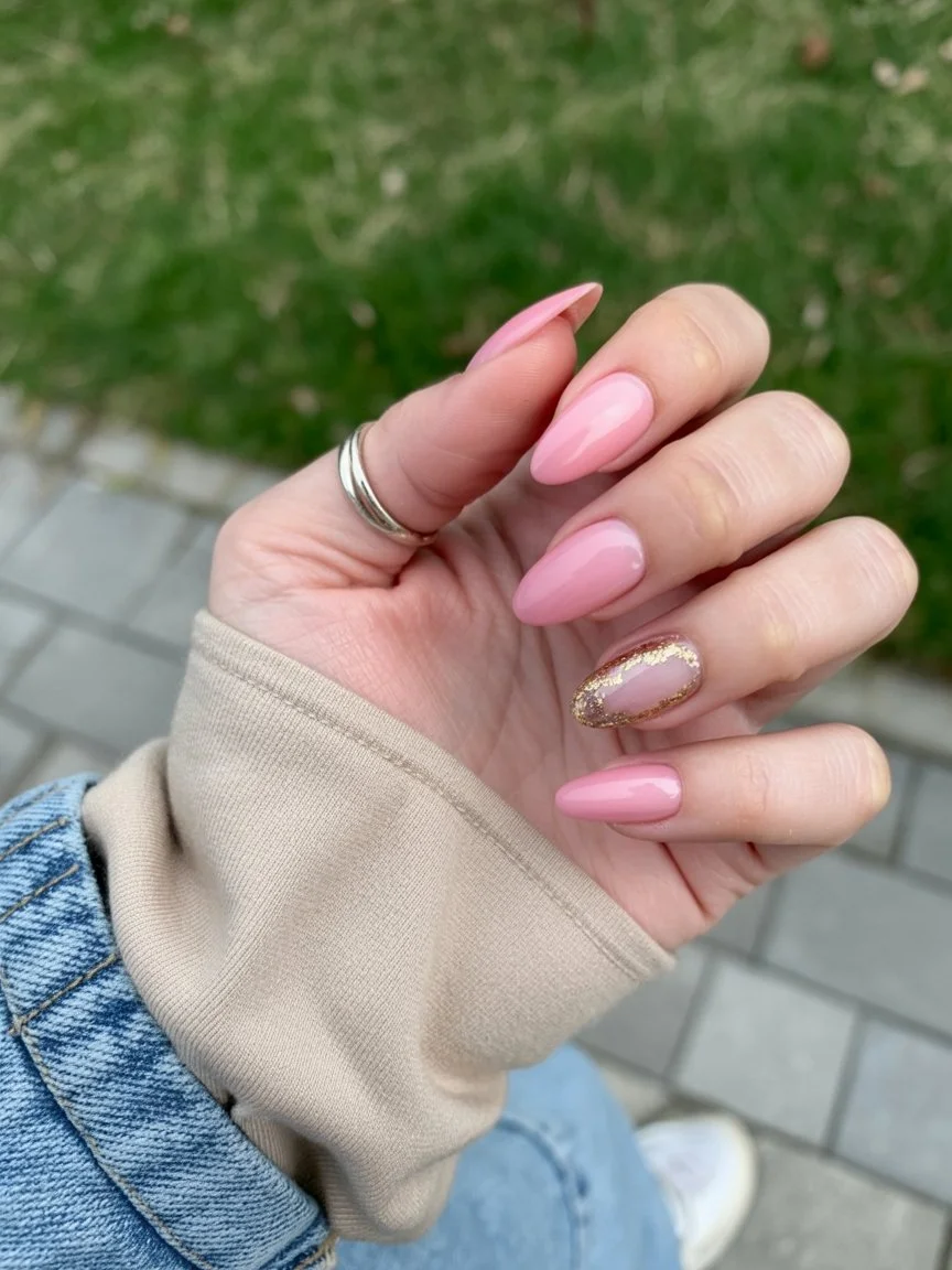 light summer nails 2026 Soft Pink Almond Nails With Golden Summer Glow
