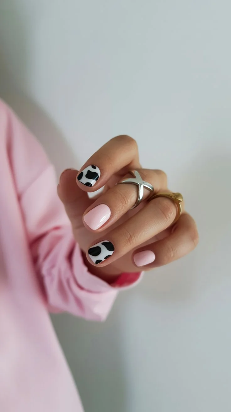 light summer nails 2026 Soft Pink Cow Print Nails With Trendy Summer Charm