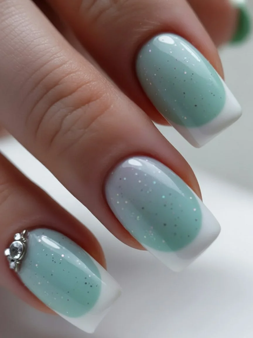light summer nails 2026 Mint French Fade Nails With Sparkling Summer Air