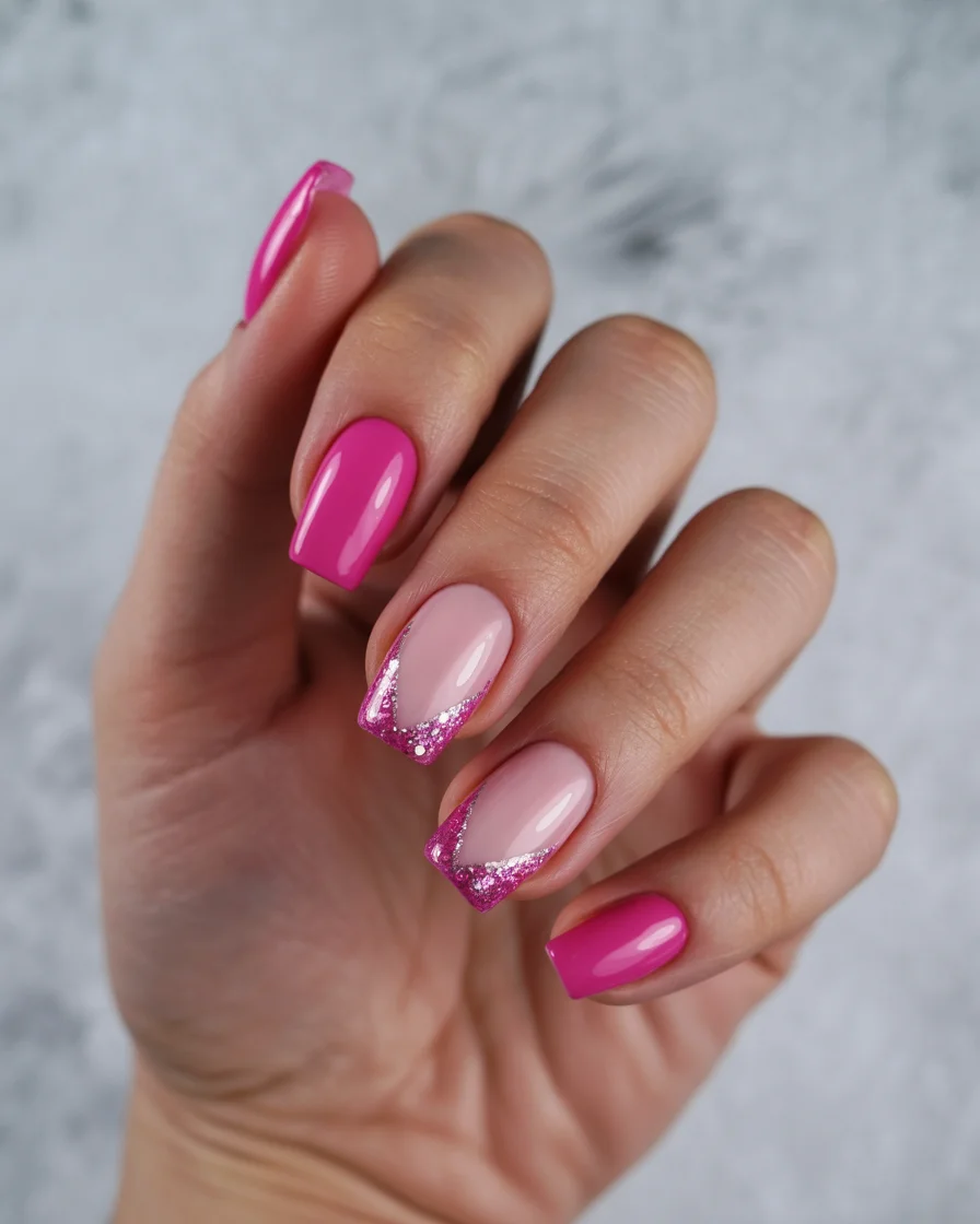 light summer nails 2026 Fuchsia Glitter French Glamour