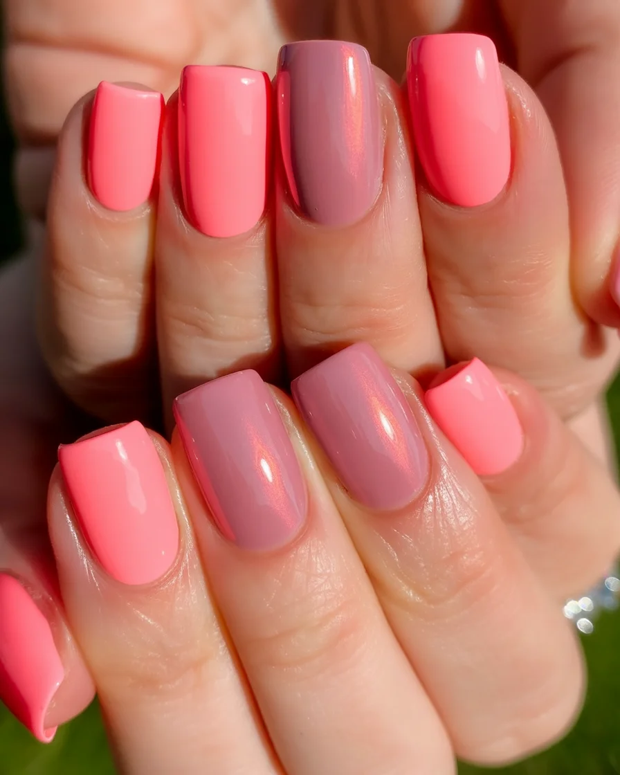 light summer nails 2026 Coral And Rose Color Block Shine