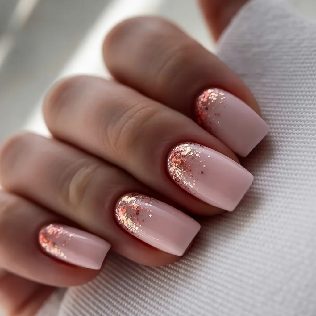 light summer nails 2026 Rose Gold Glitter Fade Elegance