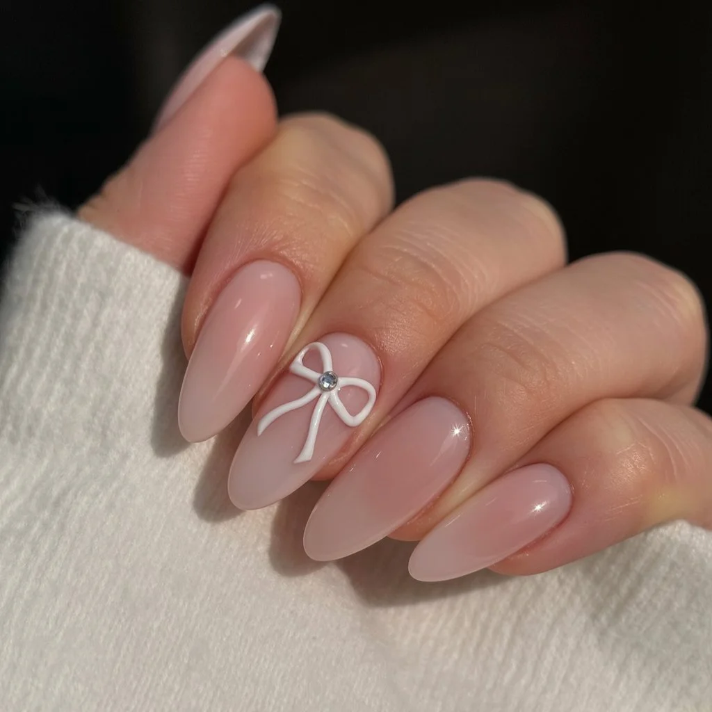 light summer nails 2026 Milky Pink Bow Nails With Soft Romantic Energy
