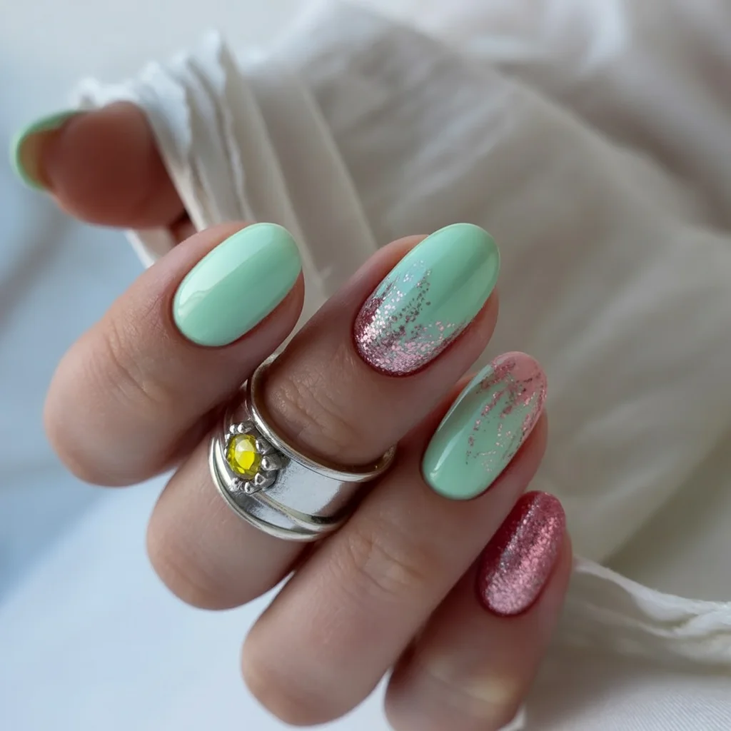 light summer nails 2026 Mint Breeze And Rosy Glitter Sparkle