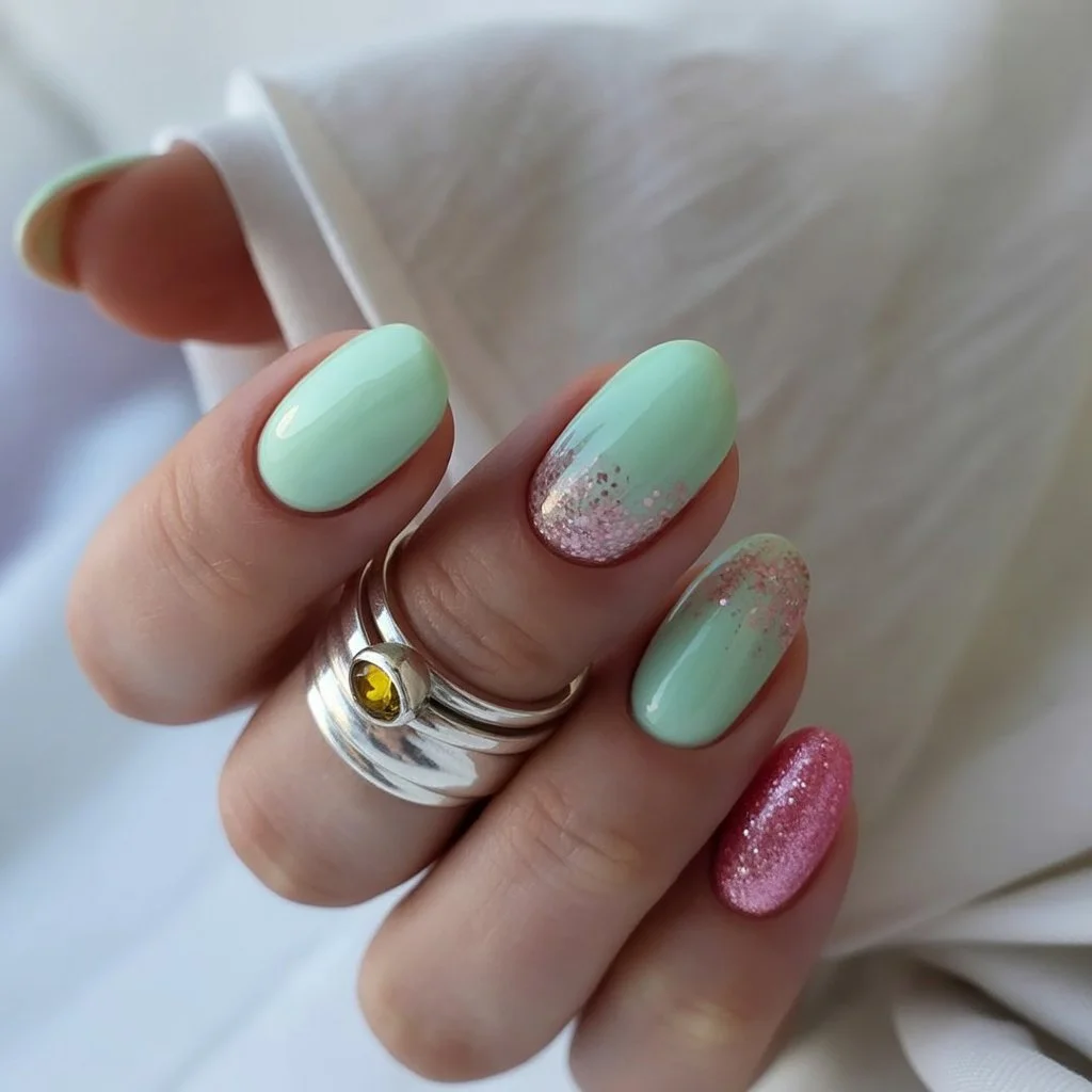 light summer nails 2026 Mint Sorbet Nails With Sparkling Summer Accents