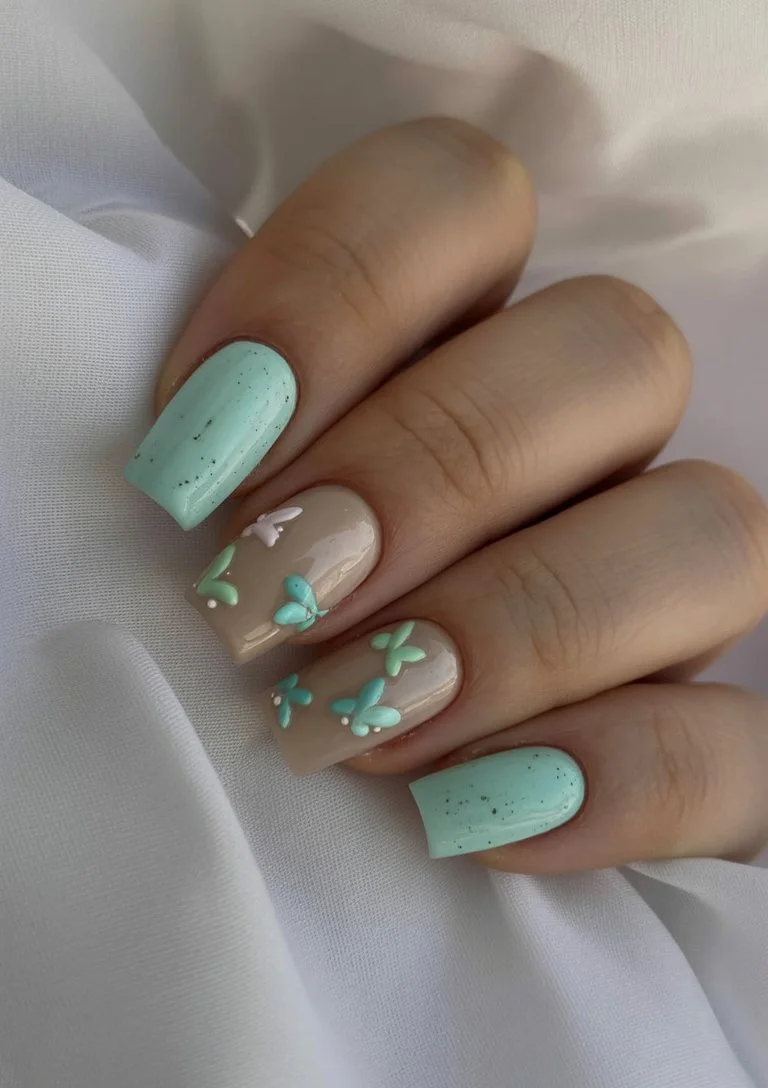 light summer nails 2026 Butterfly Mint Nails With Soft Summer Charm