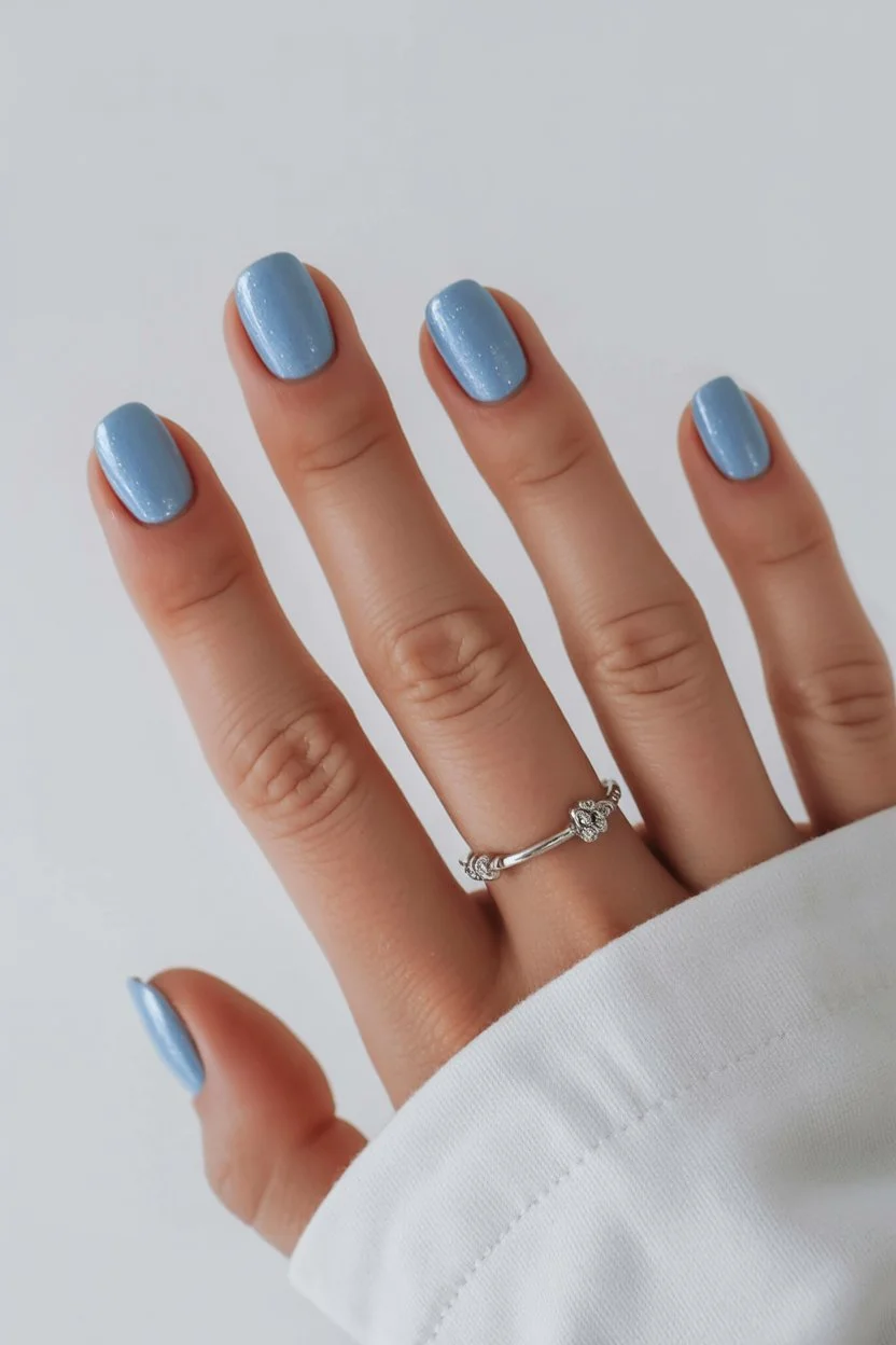 light summer nails 2026 Powder Blue Nails With Barely There Summer Sparkle