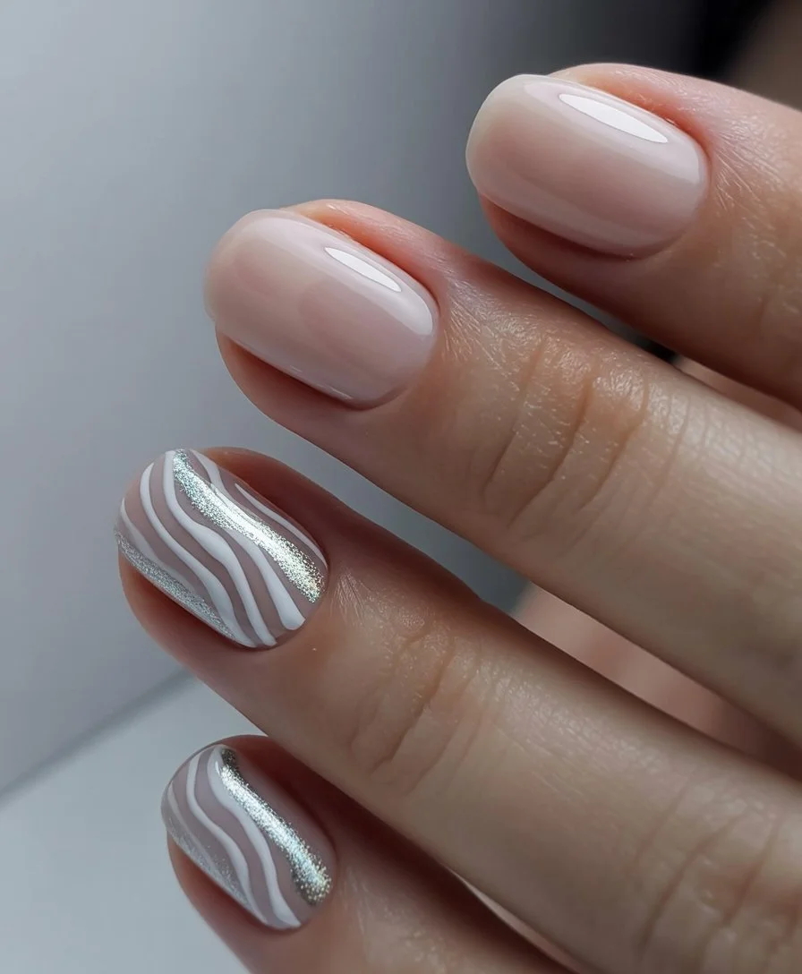 light summer nails 2026 Soft Nude Waves With Silver Summer Details