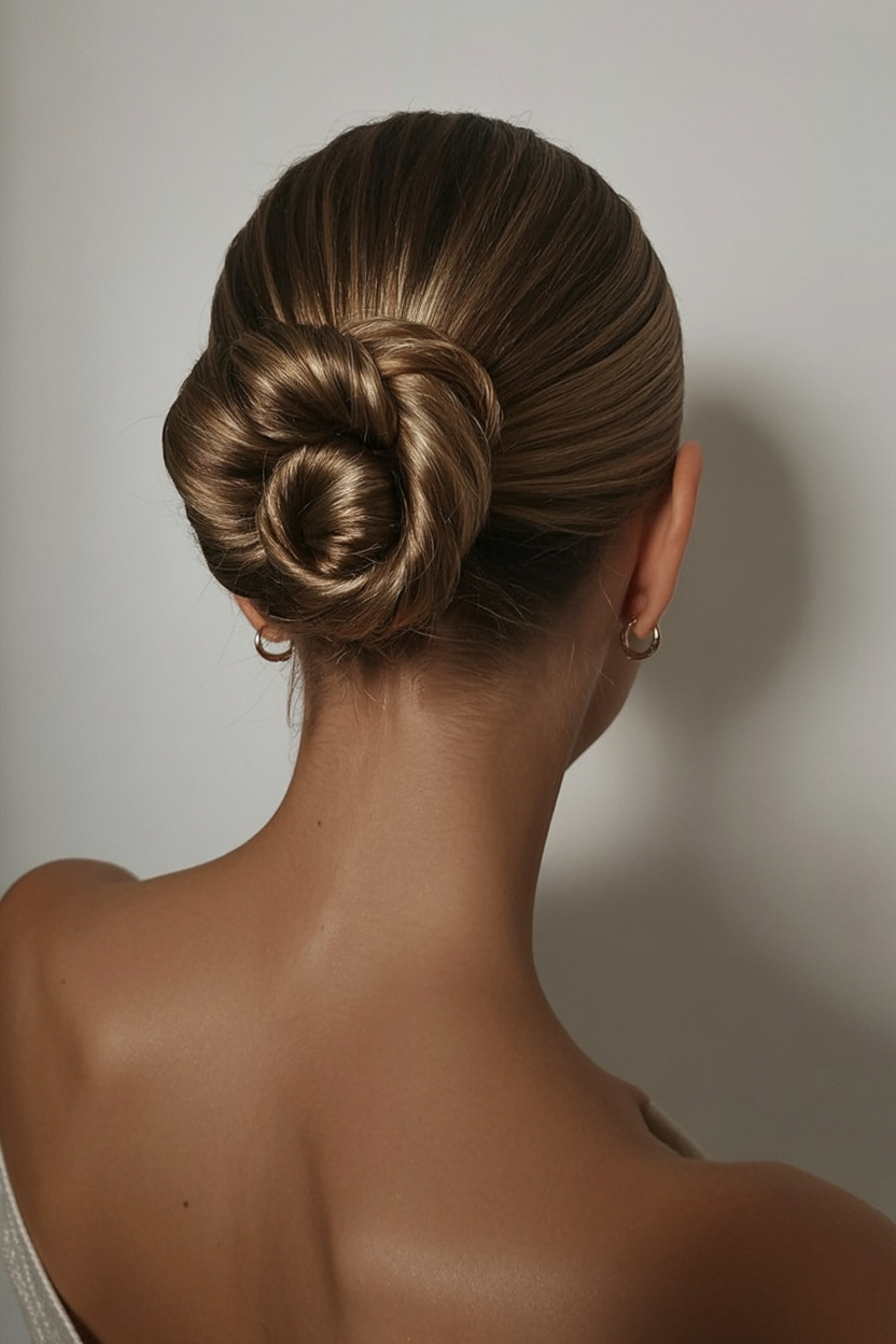 messy summer bun hairstyles 2026 Glossy Twisted Bun for Warm Summer Nights