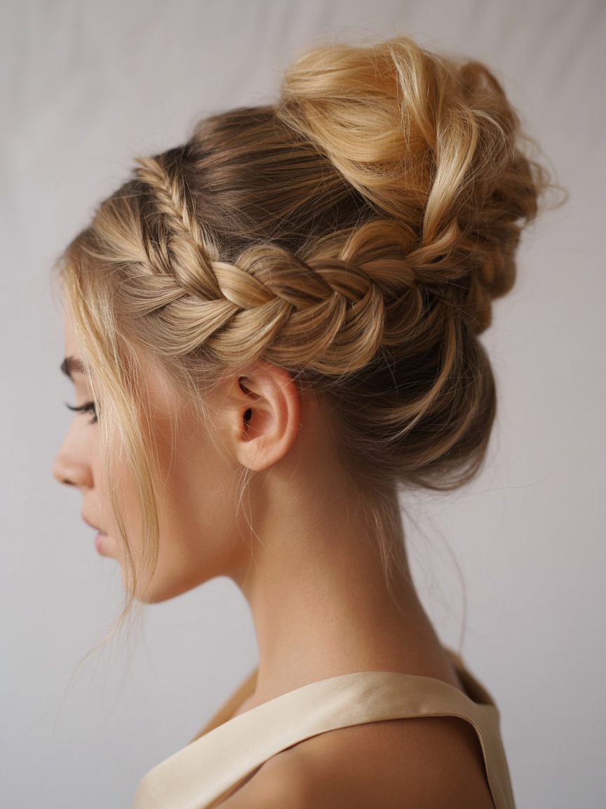 messy summer bun hairstyles 2026 Braided Crown Bun for Romantic Summer Evenings