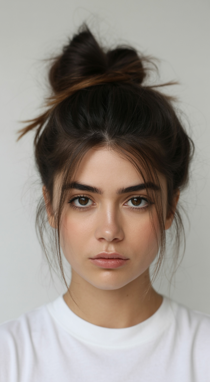 messy summer bun hairstyles 2026 Undone High Bun with Soft Curtain Pieces