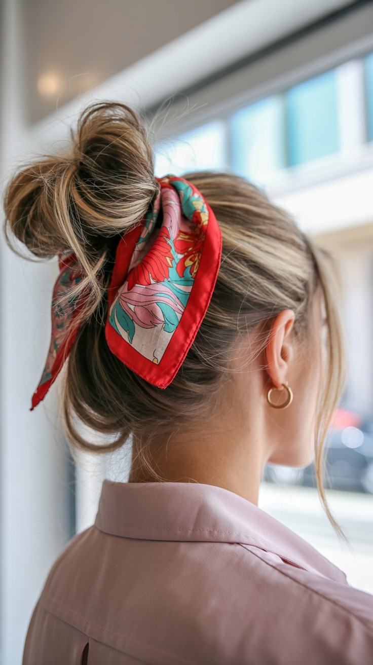 messy summer bun hairstyles 2026 Colorful Scarf Bun for Playful Summer Days