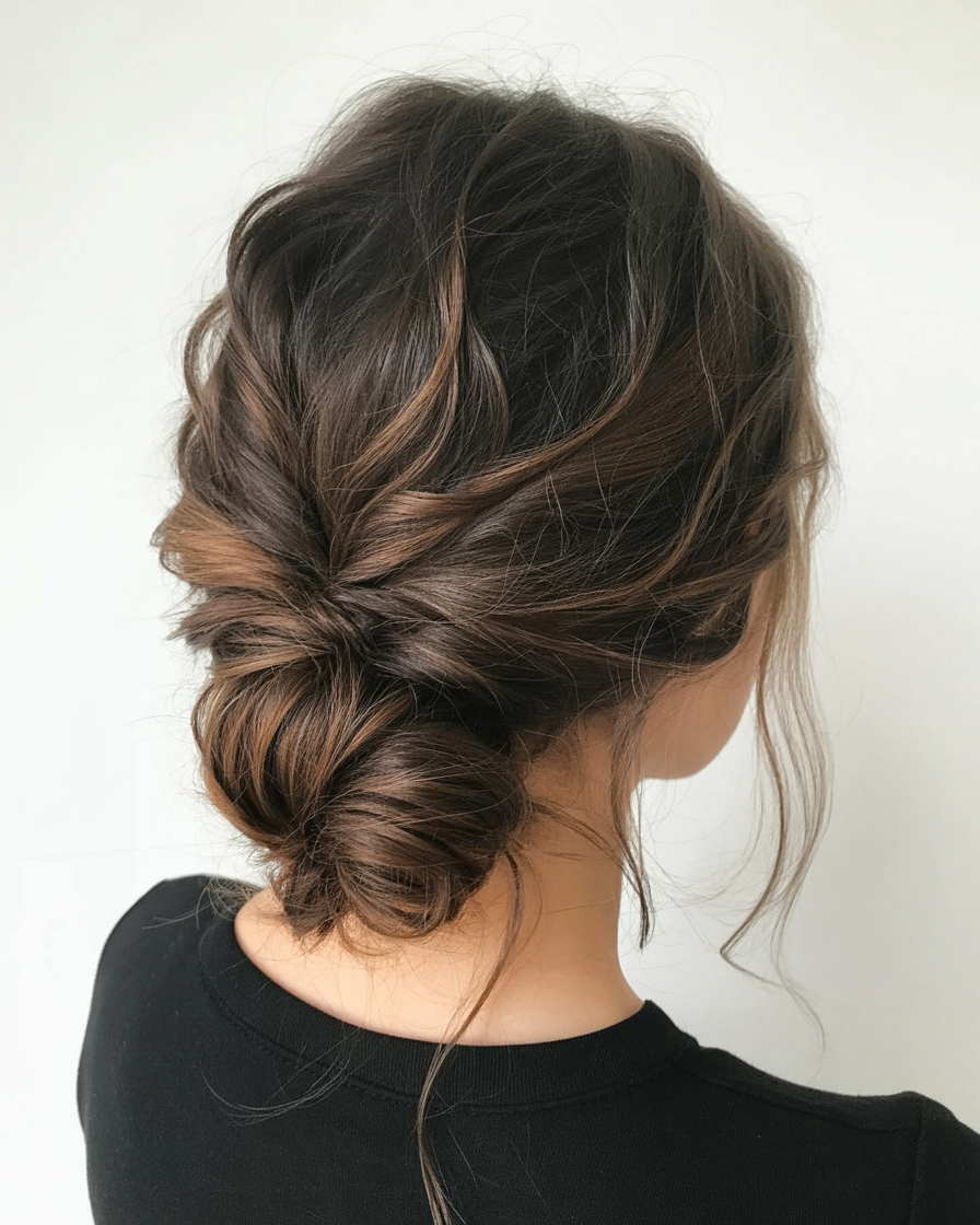 messy summer bun hairstyles 2026 Twisted Low Chignon with Elegant Volume