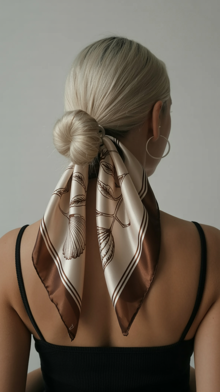 messy summer bun hairstyles 2026 Silk Scarf Bun That Feels Like a European Summer