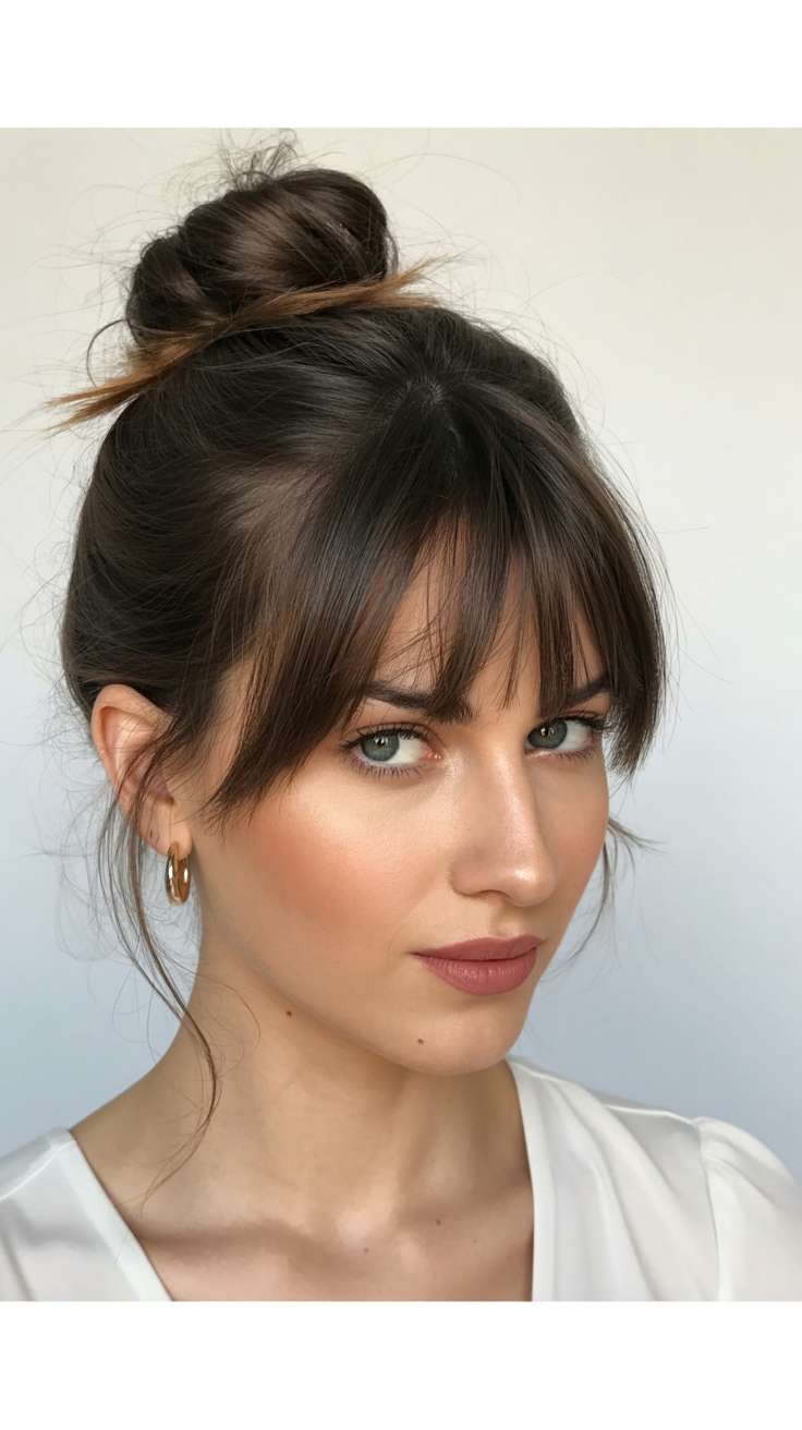 messy summer bun hairstyles 2026 Messy Top Bun with Wispy Summer Bangs