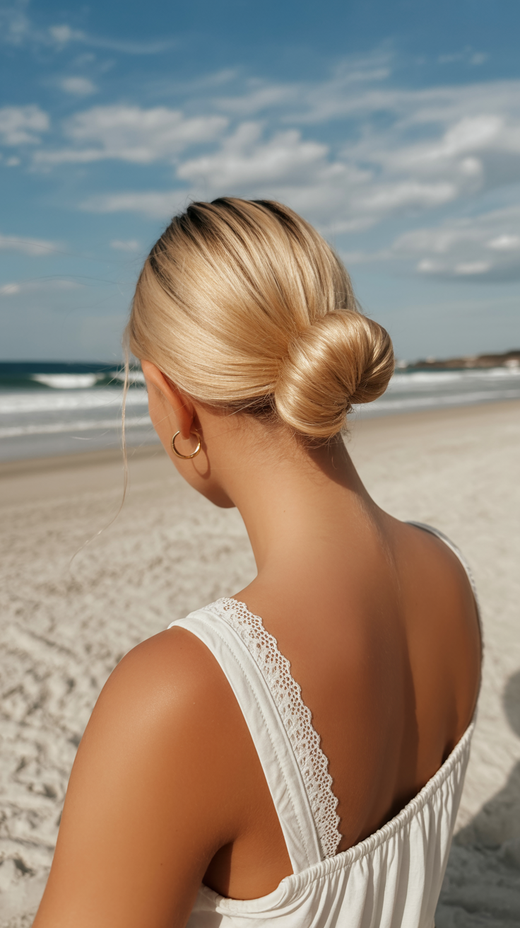 messy summer bun hairstyles 2026 Sleek Beach Bun for Hot Coastal Days